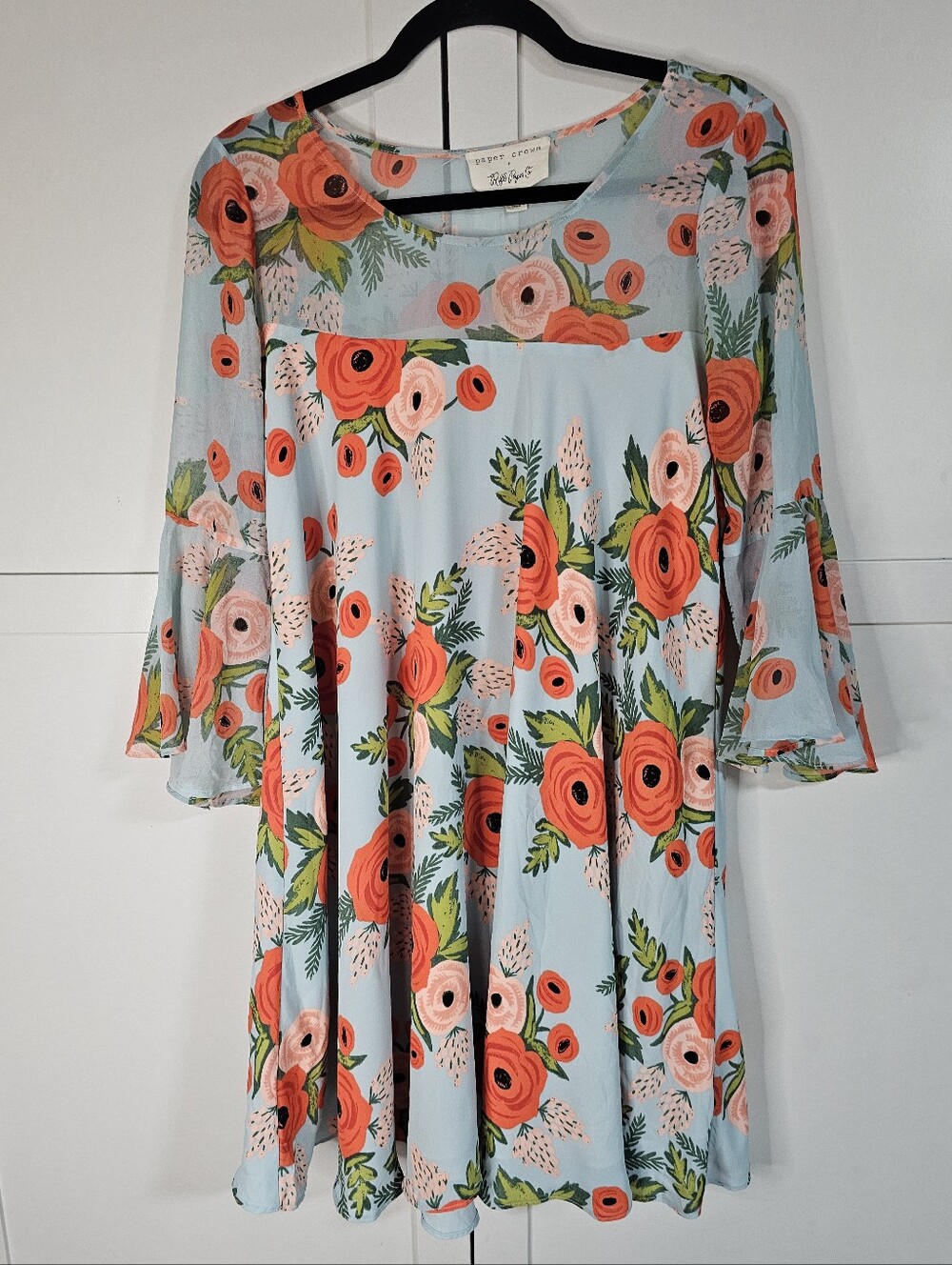 Paper Crown Anthropologie XS Blue Floral Fit Flare Dress Bell Sleeve Lined